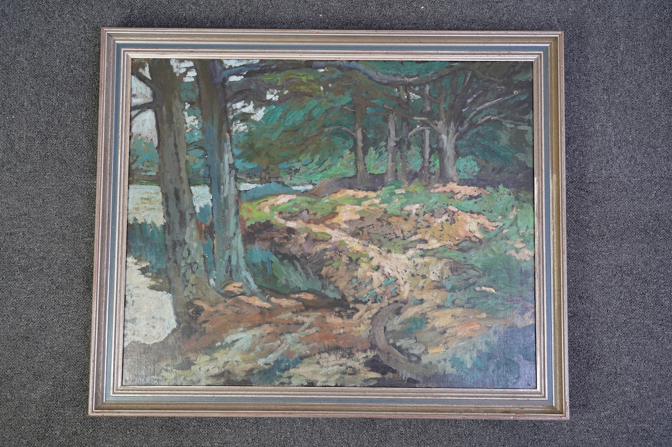 Attributed to Bernard Dunstan R.A. (British, 1920-2017), oil on canvas, Woodland scene, 59.5 x 74cm. Condition - good